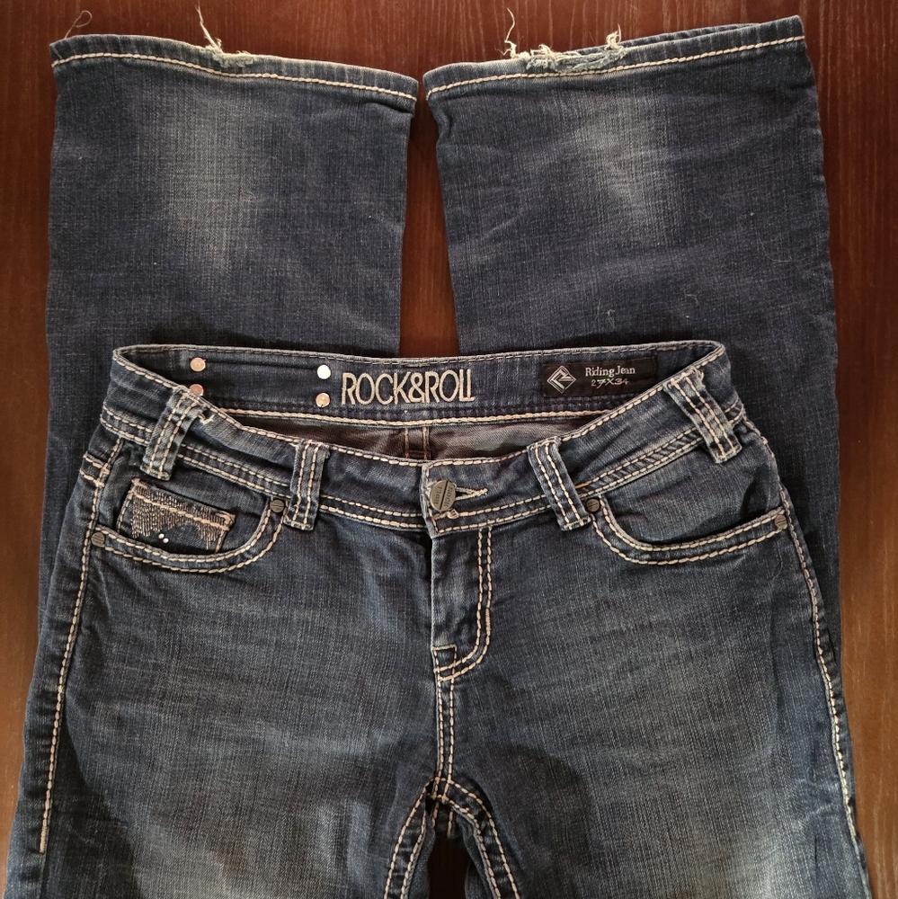 Rock & Roll Cowgirl Dark Wash Low Rise Boot Cut Western Jeans
